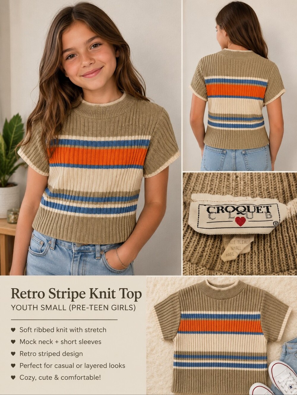 🚨Crochet Club Girls Knit Sweater Top – Retro Stripe Mock Neck – Youth Small🚨